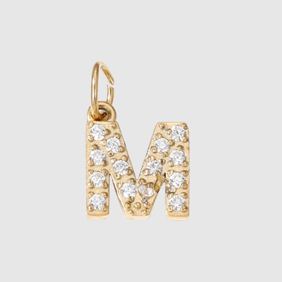 Picture of 1 Piece Eco-friendly PVD Vacuum Plating 304 Stainless Steel Charms 14K Gold Plated Capital Alphabet Initial Letter Message " M " Micro Pave Clear Rhinestone 8mm Dia.