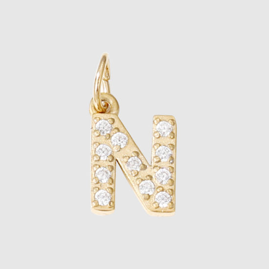 Picture of 1 Piece Eco-friendly PVD Vacuum Plating 304 Stainless Steel Charms 14K Gold Plated Capital Alphabet Initial Letter Message " N " Micro Pave Clear Rhinestone 8mm Dia.