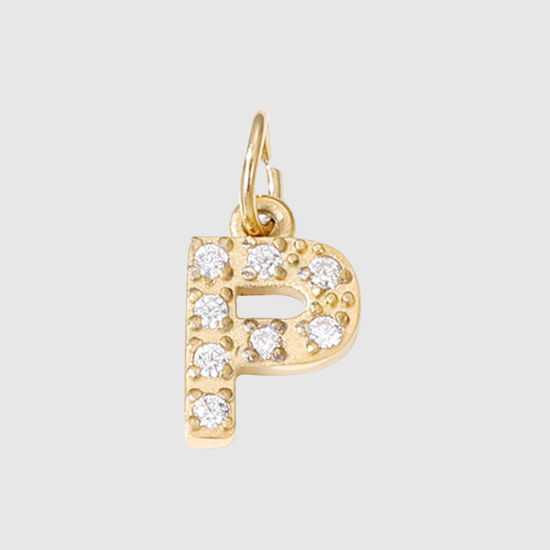 Picture of 1 Piece Eco-friendly PVD Vacuum Plating 304 Stainless Steel Charms 14K Gold Plated Capital Alphabet Initial Letter Message " P " Micro Pave Clear Rhinestone 8mm Dia.