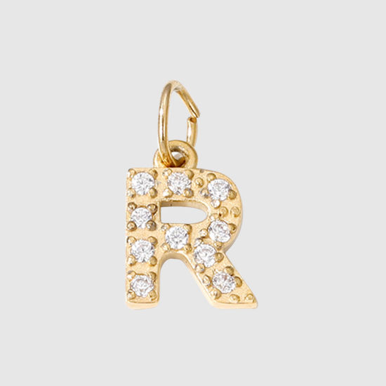 Picture of 1 Piece Eco-friendly PVD Vacuum Plating 304 Stainless Steel Charms 14K Gold Plated Capital Alphabet Initial Letter Message " R " Micro Pave Clear Rhinestone 8mm Dia.