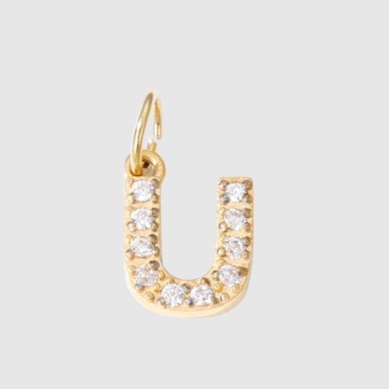 Picture of 1 Piece Eco-friendly PVD Vacuum Plating 304 Stainless Steel Charms 14K Gold Plated Capital Alphabet Initial Letter Message " U " Micro Pave Clear Rhinestone 8mm Dia.