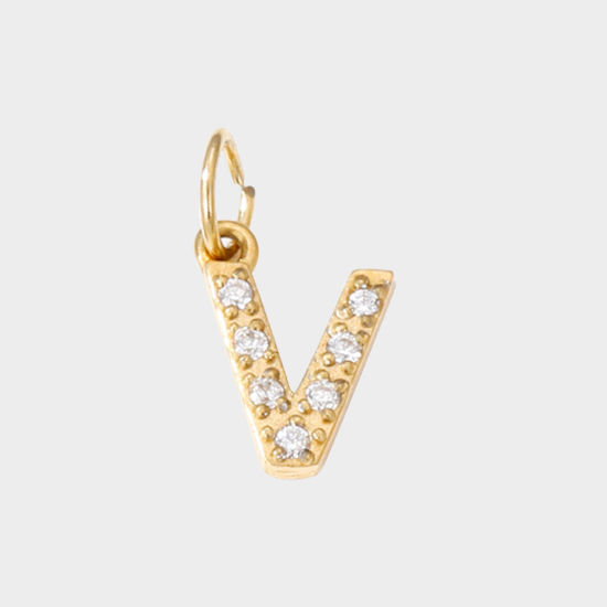 Picture of 1 Piece Eco-friendly PVD Vacuum Plating 304 Stainless Steel Charms 14K Gold Plated Capital Alphabet Initial Letter Message " V " Micro Pave Clear Rhinestone 8mm Dia.