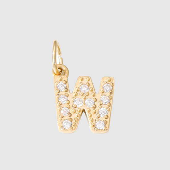 Picture of 1 Piece Eco-friendly PVD Vacuum Plating 304 Stainless Steel Charms 14K Gold Plated Capital Alphabet Initial Letter Message " W " Micro Pave Clear Rhinestone 8mm Dia.