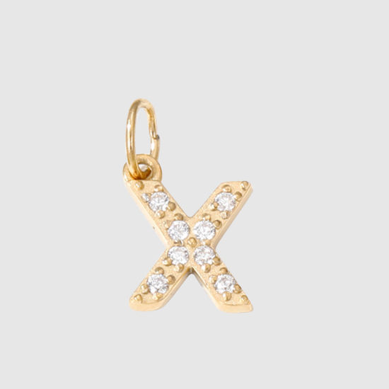 Picture of 1 Piece Eco-friendly PVD Vacuum Plating 304 Stainless Steel Charms 14K Gold Plated Capital Alphabet Initial Letter Message " X " Micro Pave Clear Rhinestone 8mm Dia.