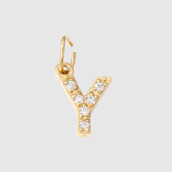 Picture of 1 Piece Eco-friendly PVD Vacuum Plating 304 Stainless Steel Charms 14K Gold Plated Capital Alphabet Initial Letter Message " Y " Micro Pave Clear Rhinestone 8mm Dia.