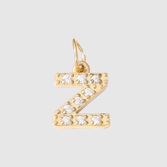 Picture of 1 Piece Eco-friendly PVD Vacuum Plating 304 Stainless Steel Charms 14K Gold Plated Capital Alphabet Initial Letter Message " Z " Micro Pave Clear Rhinestone 8mm Dia.