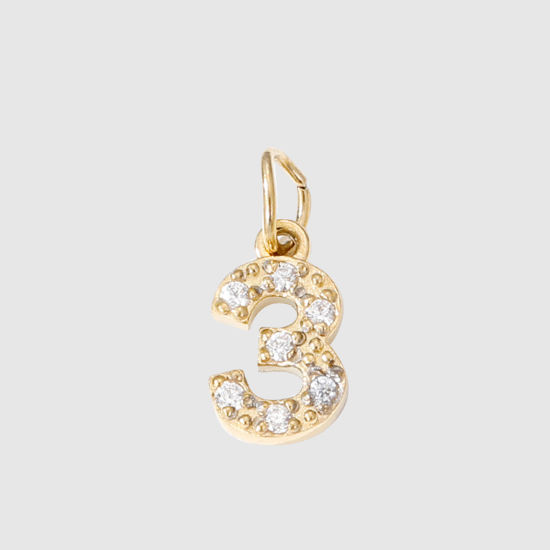 Picture of 1 Piece Eco-friendly PVD Vacuum Plating 304 Stainless Steel Charms 14K Gold Plated Number Message " 3 " Micro Pave Clear Rhinestone 8mm