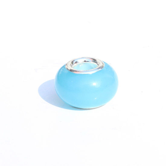 Picture of Resin European Style Large Hole Charm Beads Lake Blue Round Glow In The Dark Luminous 14mm x 9mm, Hole: Approx 5mm, 20 PCs