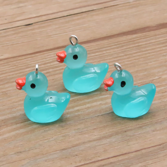 Picture of Resin 3D Charms Duck Animal Silver Tone Blue Transparent Glow In The Dark Luminous 20mm x 19mm, 10 PCs