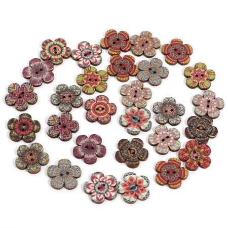 Image de Bouton de Couture en Bois Naturel Ethnique 2 Trous Fleur Couleur au Hasard au Hasard 50 Pcs