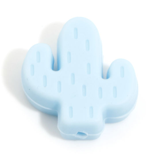 Picture of Silicone Spacer Beads For DIY Charm Jewelry Making Single Hole Cactus Blue About 25mm x 23mm, Hole: Approx 2.4mm, 5 PCs