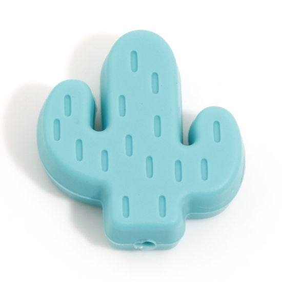Picture of Silicone Spacer Beads For DIY Charm Jewelry Making Single Hole Cactus Green Blue About 25mm x 23mm, Hole: Approx 2.4mm, 5 PCs