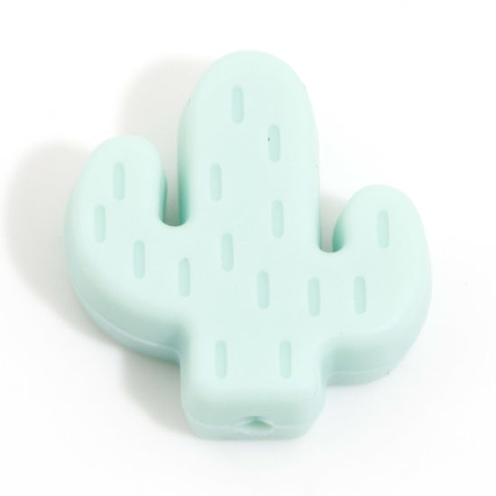 Picture of Silicone Spacer Beads For DIY Charm Jewelry Making Single Hole Cactus Mint Green About 25mm x 23mm, Hole: Approx 2.4mm, 5 PCs