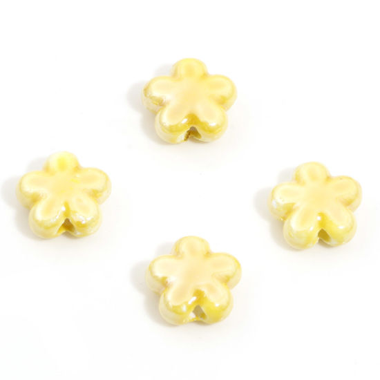 Picture of Ceramic Beads For DIY Charm Jewelry Making Flower Yellow About 12mm x 11mm, Hole: Approx 2mm, 10 PCs