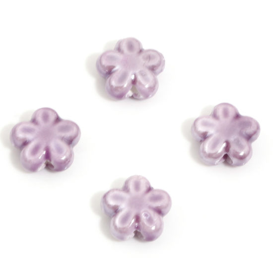 Picture of Ceramic Beads For DIY Charm Jewelry Making Flower Purple About 12mm x 11mm, Hole: Approx 2mm, 10 PCs