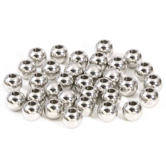 Bild von Umweltfreundlich 201 Edelstahl Perlen für die DIY-Schmuckherstellung Rund Silberfarbe Poliert 8mm D., Loch: ca. 2.6mm, 10 Stück