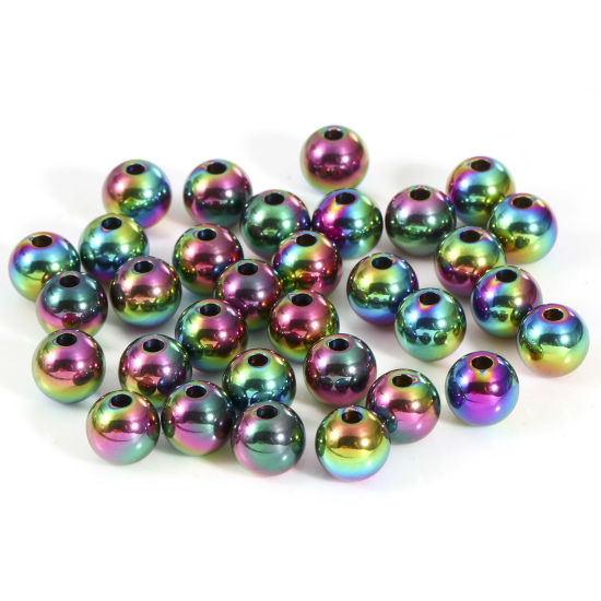Bild von Umweltfreundliche PVD-Vakuumbeschichtung 201 Edelstahl Perlen für die DIY-Schmuckherstellung Rund Regenbogenfarbe Plattiert Poliert 8mm D., Loch: ca. 2mm, 10 Stück