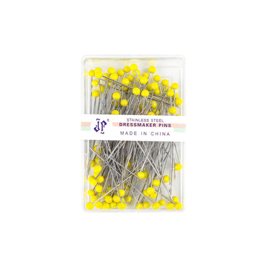 Picture of 1 Box ( 100 PCs/Box) Iron Based Alloy & Glass Sewing Positioning Pin Yellow 4.5cm(1 6/8") long
