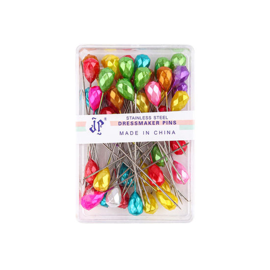 Bild von 1 Box (50 Stück/Box) Positionierungsstift zum Nähen aus Kunststoff und Eisenlegierung, Raute, zufällige Farbe, facettiert, 5,2 cm (2 Zoll) lang