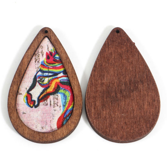 Image de Pendentifs Cowboy de l'Ouest en PU & Bois Naturel Brun Goutte d'Eau Cheval 6cm x 3.7cm, 5 Pcs