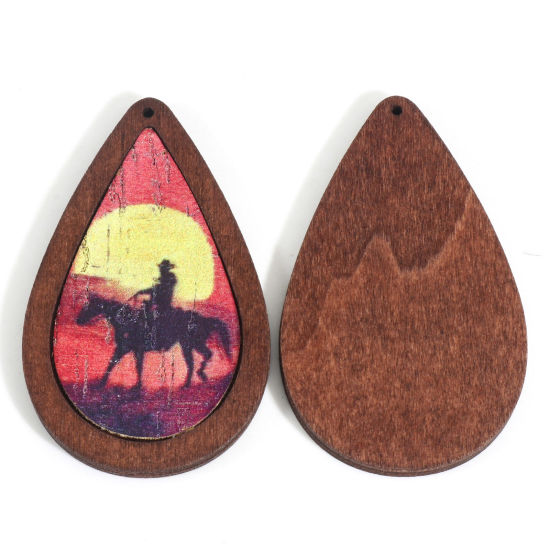 Image de Pendentifs Cowboy de l'Ouest en PU & Bois Naturel Brun Goutte d'Eau Cow-boy 6cm x 3.7cm, 5 Pcs