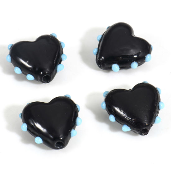 Picture of Lampwork Glass Valentine's Day Beads For DIY Jewelry Making Heart Black Dot Enamel About 16mm x 16mm, Hole: Approx 1.5mm, 2 PCs