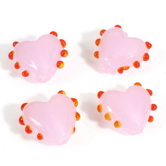 Picture of Lampwork Glass Valentine's Day Beads For DIY Jewelry Making Heart Pink Dot Enamel About 16mm x 16mm, Hole: Approx 1.5mm, 2 PCs