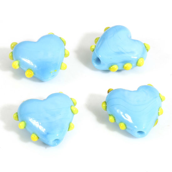 Picture of Lampwork Glass Valentine's Day Beads For DIY Jewelry Making Heart Blue Dot Enamel About 16mm x 16mm, Hole: Approx 1.5mm, 2 PCs