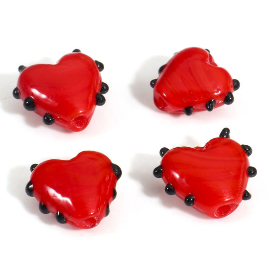 Picture of Lampwork Glass Valentine's Day Beads For DIY Jewelry Making Heart Red Dot Enamel About 16mm x 16mm, Hole: Approx 1.5mm, 2 PCs