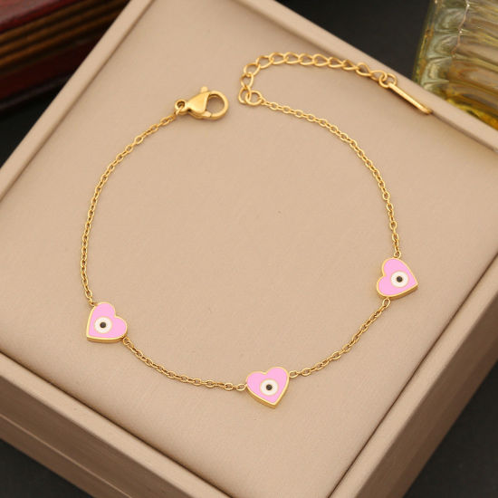 Immagine di Ecologico 304 Acciaio Inossidabile Religione Cavo Catena Braccialetti Oro Placcato Rosa Chiaro Malocchio Cuore Smalto 18cm Lunghezza, 1 Pz