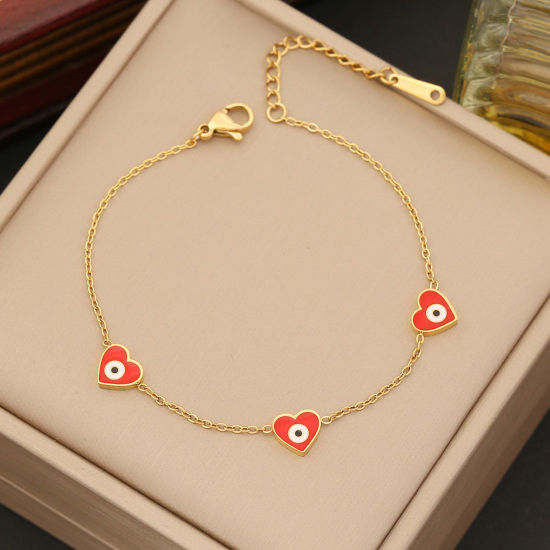 Immagine di Ecologico 304 Acciaio Inossidabile Religione Cavo Catena Braccialetti Oro Placcato Rosso Malocchio Cuore Smalto 18cm Lunghezza, 1 Pz