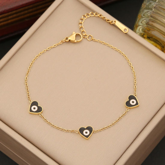 Immagine di Ecologico 304 Acciaio Inossidabile Religione Cavo Catena Braccialetti Oro Placcato Nero Malocchio Cuore Smalto 18cm Lunghezza, 1 Pz