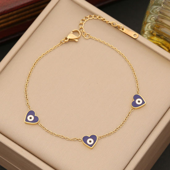 Immagine di Ecologico 304 Acciaio Inossidabile Religione Cavo Catena Braccialetti Oro Placcato Blu Malocchio Cuore Smalto 18cm Lunghezza, 1 Pz