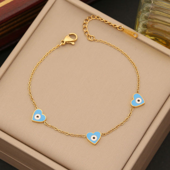 Immagine di Ecologico 304 Acciaio Inossidabile Religione Cavo Catena Braccialetti Oro Placcato Azzurro Malocchio Cuore Smalto 18cm Lunghezza, 1 Pz