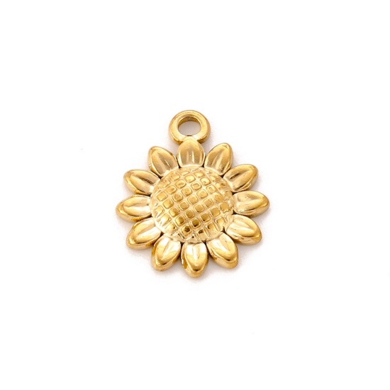 Picture of Eco-friendly Vacuum Plating 304 Stainless Steel Charms Gold Plated Sunflower 15mm x 13mm, 1 Piece