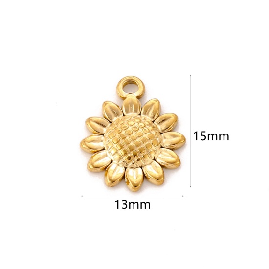 Picture of Eco-friendly Vacuum Plating 304 Stainless Steel Charms Gold Plated Sunflower 15mm x 13mm, 1 Piece