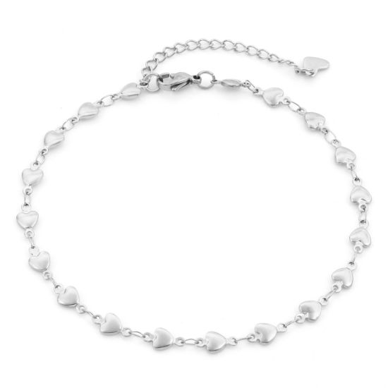 Изображение Экологичный 304 Нержавеющая Сталь День святого Валентина Цепи Ножные Браслеты Серебряный Тон Сердце 24см - 22см длина, 1 ШТ