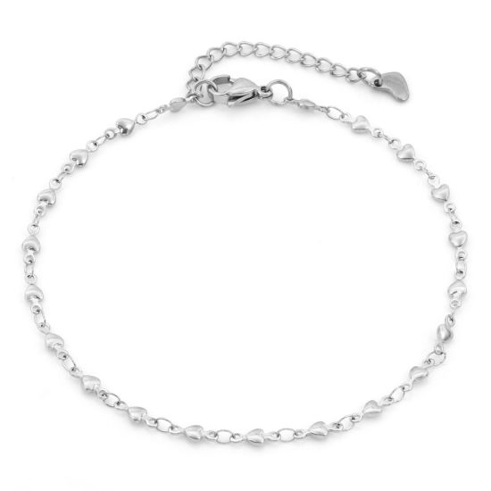 Изображение Экологичный 304 Нержавеющая Сталь День святого Валентина Цепи Ножные Браслеты Серебряный Тон Сердце 24см - 22см длина, 1 ШТ