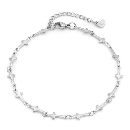 Picture of Eco-friendly 304 Stainless Steel Religious Link Chain Anklet Silver Tone Cross 24cm - 22cm long, 1 Piece