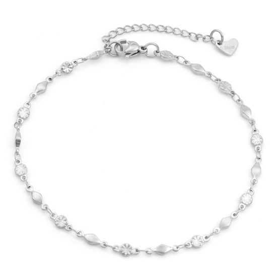 Picture of Eco-friendly 304 Stainless Steel Geometry Series Link Chain Anklet Silver Tone Rhombus 24cm - 22cm long, 1 Piece