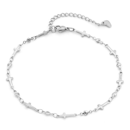 Picture of Eco-friendly 304 Stainless Steel Religious Link Chain Anklet Silver Tone Heart Cross 24cm - 22cm long, 1 Piece