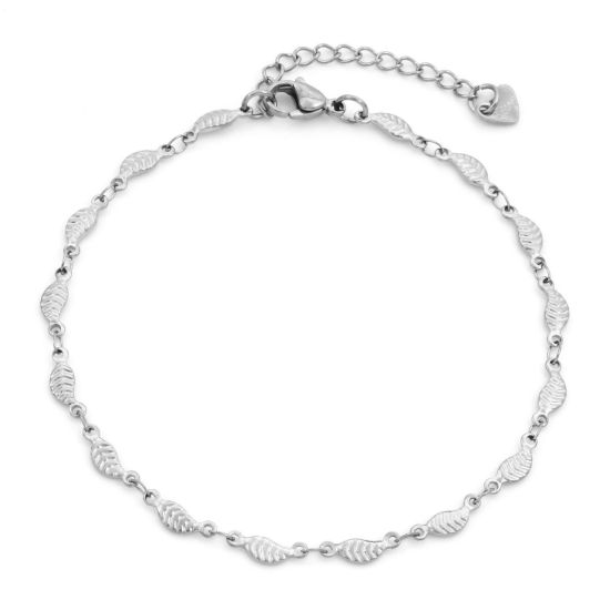 Picture of Eco-friendly 304 Stainless Steel Link Chain Anklet Silver Tone Leaf 24cm - 22cm long, 1 Piece