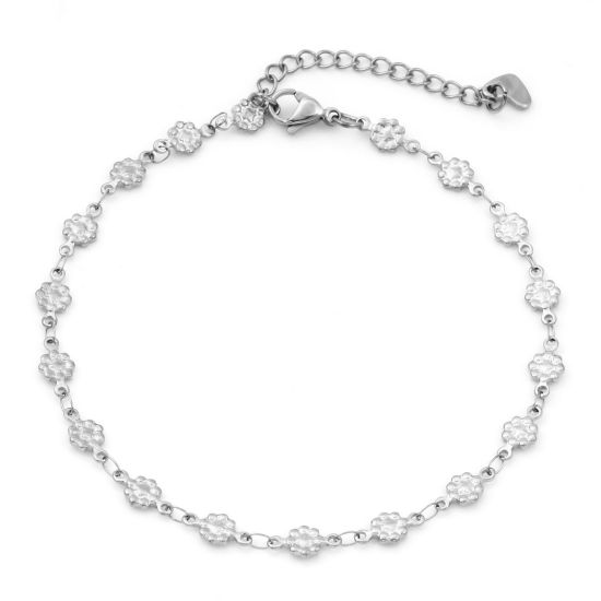 Picture of Eco-friendly 304 Stainless Steel Link Chain Anklet Silver Tone Flower 24cm - 22cm long, 1 Piece