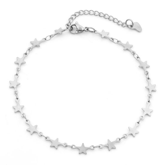 Picture of Eco-friendly 304 Stainless Steel Galaxy Link Chain Anklet Silver Tone Pentagram Star 24cm - 22cm long, 1 Piece