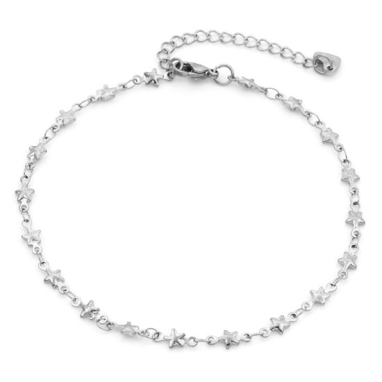 Picture of Eco-friendly 304 Stainless Steel Galaxy Link Chain Anklet Silver Tone Pentagram Star 24cm - 22cm long, 1 Piece