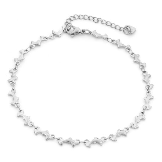 Picture of Eco-friendly 304 Stainless Steel Ocean Jewelry Link Chain Anklet Silver Tone Dolphin Animal 24cm - 22cm long, 1 Piece