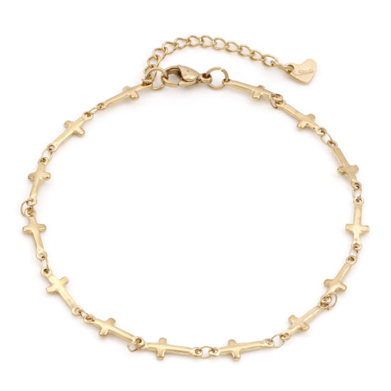 Picture of 1 Piece Vacuum Plating 304 Stainless Steel Religious Link Chain Anklet 18K Gold Plated Cross 24cm - 22cm long