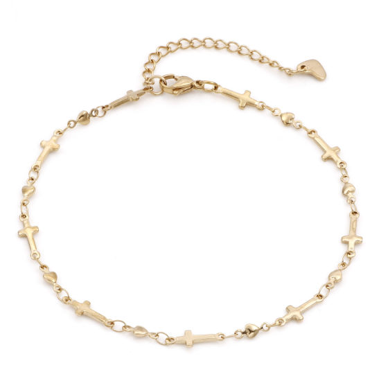 Picture of 1 Piece Vacuum Plating 304 Stainless Steel Religious Link Chain Anklet 18K Gold Plated Heart 24cm - 22cm long