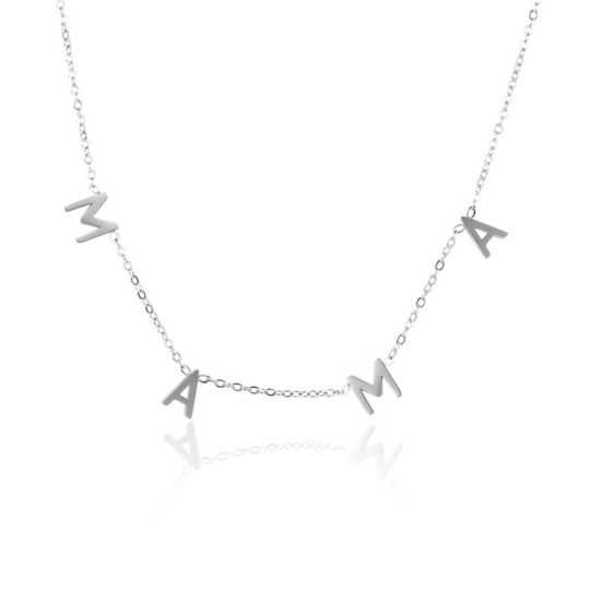 Image de Colliers Chaîne Maille Forçat en 304 Acier Inoxydable Respectueux de la Nature Fête des Mères Argent Mat Gravé Mot " Mama " 42cm Long, 1 Pièce