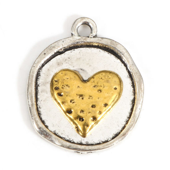 Picture of Zinc Based Alloy Valentine's Day Charms Antique Silver Color Gold Tone Antique Gold Two Tone Irregular Heart 23mm x 19mm, 10 PCs